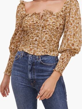 Astr Smocked Floral Tie-Front Crop Top in Mustard Floral
